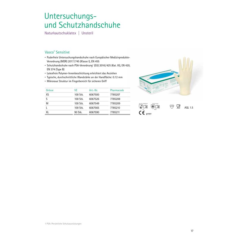 Vasco Sensitive I Non-Sterile, Powder-Free Examination Glove Made of Natural