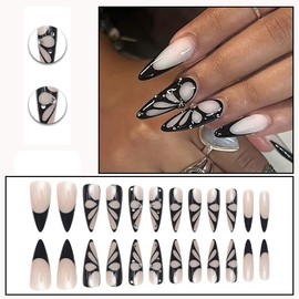 MouyouGlow Press on Nails Lang,Stiletto Schwarz French Schmetterling Strass Fake Nails mit Nagelkleber,Black Tips Butterfly Crystal Künstliche Fingernägel