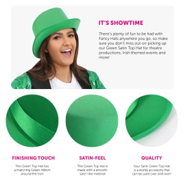 Green Satin Top Hat - Fancy Dress Dance Show Accessory Green With Satin Band Adults Sturdy Top Hat - Green Pack of 1