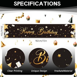 YXHZVON Tischläufer Geburtstag Deko Schwarz Gold Happy Birthday Tischdecke Kindergeburtstag Partytischdecken für Geburtstagsfeier Party Tischdecke（180 x 35 cm）