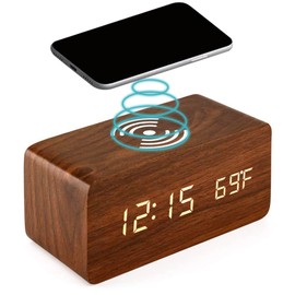 Wooden Digital Alarm Clock with Wireless Charging 3 Alarms Electronic LED Desktop Clock with Temperature Time Display 3 Levels Adjustable Brightness for Bedrooms Living Room Bedside Office brown wood