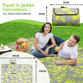 heimtexland Picnic Blanket Waterproof Outdoor Beach Mat Sleeping Mat Washable Camping Blanket Foldable with Carry Handle Festival Camping Picnic Beach Blanket Type 549 Leaves Lemon 135 x 170 cm