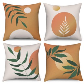 ASDCXZ Boho Cushion Cover 40x40 cm 4er Set, Modern Abstract Green Leaves Sun Orange Sofa Decorative Cushion Covers Cushion Cover Washable Polyester Flax Textile Upholstery Pillow Cover Cushion Cover