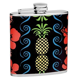 Hip Flask Holding 6 oz - Hawaiian Design - Pocket Size, Stainless Steel, Leak Proof, Screw-On Cap - Red, Blue, Black, Yellow, and Green Wrapped Vinyl Finish - Black Gift Box Included