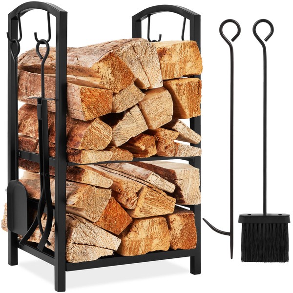 Best Choice Products 5-Piece Indoor Outdoor Wrought Iron Firewood Log Storage Rack Holder Firepit Tools Set for Fireplace, Fire Pit, Stove w/Hook, Broom, Shovel, Tongs - Black