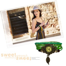 JewelryWe Women's Watch, Retro Braided Leather Bracelet Bangle Bracelet Watch with Tree Leaf Pendant for Women Girls, Green, Festive Occasions