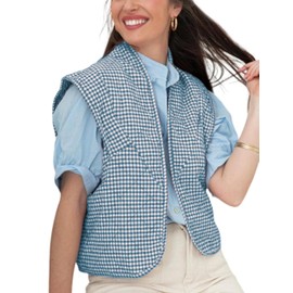 VAOYIU Womens Cropped Puffer Vest Lightweight Sleeveless Plaid Printed Cotton Quilted Vest Outwear(8-Blue-S)