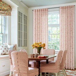 Pink Linen Floral Curtains 84 Inches Long 2 Panel Set for Living Room Semi Sheer Light Filtering Printed Window Curtains Blush Pink Flower Pattern Drapes for Cute Girls Bedroom Nursery Farmhouse Boho