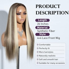 Joedir 13x4x4 Lace Frontal Wig 26 Inches Long Straight Free Parting Silk Base Lace Wigs Ombre Highlight Synthetic Lace Front Wigs for Women