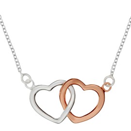 Silverly Women's .925 Sterling Silver Rose Gold Plated Double Heart Interlocking Necklace, 43 cm