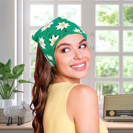 2 Pieces Crochet Hair Bandanas for Women Boho Floral Head Scarf Crocheted Triangle Scarf Vintage Flowers Hair Scarf (Pink+Green, 48 * 23cm)