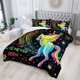 AILONEN Unicorn Comforter Set for Girls Kids Teens, Rainbow Unicorn Bedding Set Twin Size,Colorful Neon Unicorn Printed Quilted Duvet,Cartoon Quilt, Easy Care，1 Comforter 2 Pillowcases 3 Piece