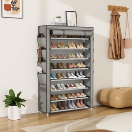 Shoe Rack with Cover, 8 Tier Tall Shoe Organizer Storage for 36-45 Pair Shoes and Boots Large Shoe Storage Shelf Free Standing Shoe Rack for Closet, Front Door Entrance, Dorm, Garage, Grey