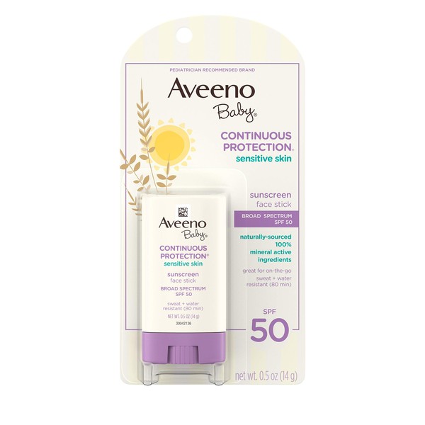 Aveeno Baby Continuous Protection Sensitive Skin Mineral Sunscreen Stick for Face with Broad Spectrum SPF 50, Zinc Oxide & Titanium Dioxide, Oil-Free & Water-Resistant, Travel-Size, 0.5 oz (Pack of 3)