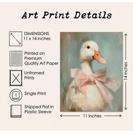 Cute Duck with Pink Bow Wall Art Girly Room Decor College Dorm Wall Art Soft Pastel Tones Painting Print Vintage Aesthetic Wall Decor Kids Room Decor (11 x 14 inch Print)