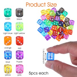 Yuanchu Colourful Set of 50, 6-Sided Game Dice, 14 mm Dice Set, 10 Translucent Colours, Round Corner Dice, Whisper Dice, King for Table Games, Party