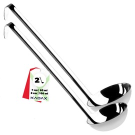 KADAX Soup ladle made of high-quality stainless steel, ladle with holder, sauce spoon with long and ergonomic handle, ladle, pouring spoon, kitchen aid, silver (set: 60 + 100 ml)