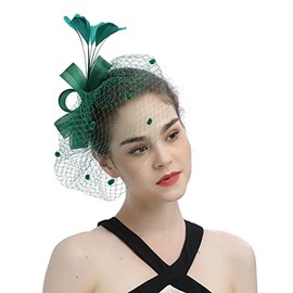 JNGUOSICN Fascinator Hat for Women Wedding Headband Elegant Feather Net Mesh Headwear Bridal Feather Hair Clip Accessories Retro Cocktail Tea Party Church Derby Hat Blackish Green
