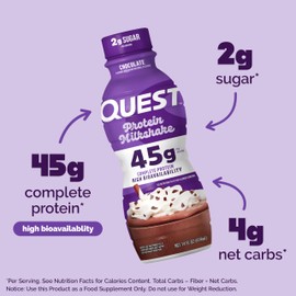 Quest Nutrition Chocolate Protein Shake, 45g Protein, 2g Sugar, 4g Net Carbs, Ready to Drink, Gluten Free, 12 Count