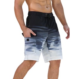 SILKWORLD Mens Swim Trunks with Compression Liner 10" Swim Shorts Quick Dry Bathing Suit Swimming Trunks Zipper Pockets, (Black & Gray Gradient), 34