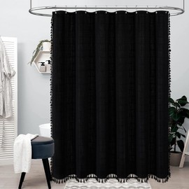 BTTN Extra Long Shower Curtain, 72x84 Inch Long Boho Chic Tassel Linen Fabric Shower Curtain Set with Hooks, Tall Modern Farmhouse Elegant Weighted Thick Cloth Shower Curtains for Bathroom, Black