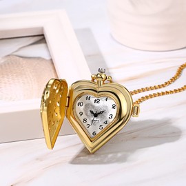 JewelryWe Mother's Day Gift Pocket Watch Women's Angel Wings Heart Chain Watch Analogue Quartz Watch Pendant with Necklace Chain Silver Gift for Women, 1-GOLD, Vintage