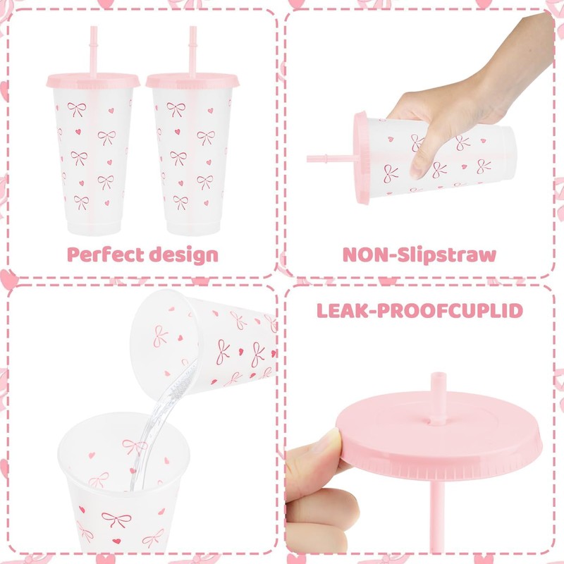 ARPOVIST 12Pcs 24 oz Pink Bow Plastic Cups with Straw