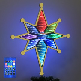 MEETYAMOR Christmas Tree Topper, 13" 130 LEDs Lighted Gold 8-Point Star Tree Topper, Remote & Touch 3D Infinity Mirror 8 Colors Lights Sparkling Treetop Christmas Tree Decorations, Xmas Decor Indoor