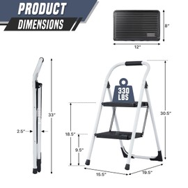 2 Step Ladder with Wide Anti-Slip Pedals, Lightweight Iron Portable Folding Step Stools with Padded Handgrip for Kitchen, Household and Office Indoor Outdoor, 330lbs Capacity, White