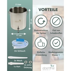 EBENTHAL VITAL® 2L Premium Stainless Steel Enema Set for Bowel Cleansing - Enema Irrigator, 2m Hose, Container - For Intestinal Rinses for Therapeutic Fasting & Detoxes - Includes Instructions (English Language Not Guaranteed) - BPA-free