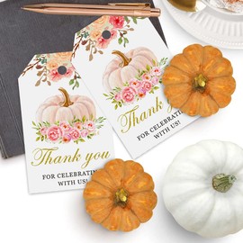 50 Pcs Pumpkin Gift Tags, Fall Theme Pumpkin Gift Tags with String, Thank You for Celebrating with Us Tags for Wedding Baby Shower Gender Reveal Birthday Party Decoration Supplies (Pink)