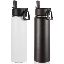 Volhoply Insulated Water Bottles with Straw Bulk 2 Pack, 660ml Stainless Steel Sports Bottle with Handle Lid, Double Walled Vacuum Metal Cold Water Thermos with Wide Mouth for School Hiking(Mix,2 Set)