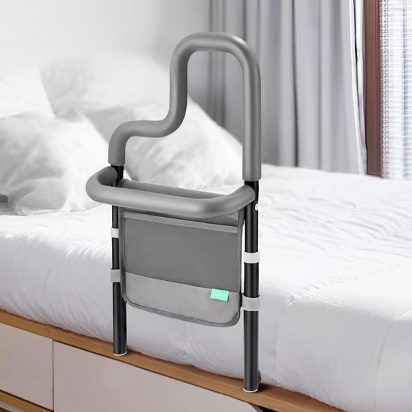 Dual-Bar Bed Rail for Elderly Adults Safety with Storage Pocket,