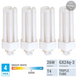 KOR (Pack of 4) PL26W/3U/4P/5000K - 26 Watt Triple Tube - GX24Q-3 (4 Pin) Base - 5000K Bright White - Compact Fluorescent Light Bulb.