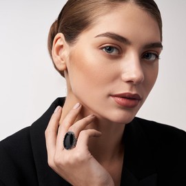 dnswez Black Rings for Women Vintage Wide Ring Black Onyx Ring Trendy Cocktail Statement Rings Crystal Retro Marcasite Jewelry (Big Stone - B, 7)