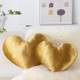 AELS Heart Shaped Pillow, Set of 2, Heart Decorative Throw Pillows, Velvet Love Pillows 20 & 16 Inches, Cute Valentines Day Decorations, Wedding Decor, Living Room Bedroom Nursery Decor, Golden