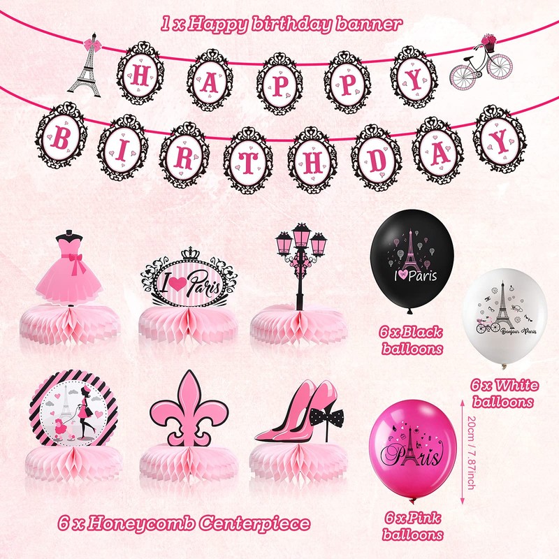 Paris Party Decorations Set, Pink Paris Happy Birthday Banner I