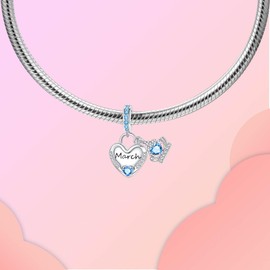 LUXILLA Birthstone Charms 925 Sterling Silver Cubic Zirconia Heart Dangle Charms fit for Bracelets and Necklaces Jewelry Gift （March）