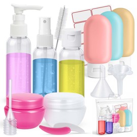 16 Pack Travel Bottles - Travel Essentials for Toiletries - TSA Approved Size - Empty Plastic Bottles with Sticker Sheet, Funnels, Spray Bottle & Carry Bag - For Shampoo, Lotion, Oil & Sanitizer