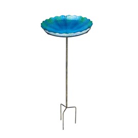 Evergreen Blue Sea Glass Bird Bath with Metal Stake - 11”L x 11" W x 26.75" H