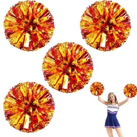 IONPSHG 4Pcs Cheerleader Pompoms Metallic Foil Cheer Poms Hand Flower Pompoms with Baton Handle Cheering Squad Pompoms Handheld Cheerleader Pompom Plastic Ring Pompom for Team Spirit Sports Dance