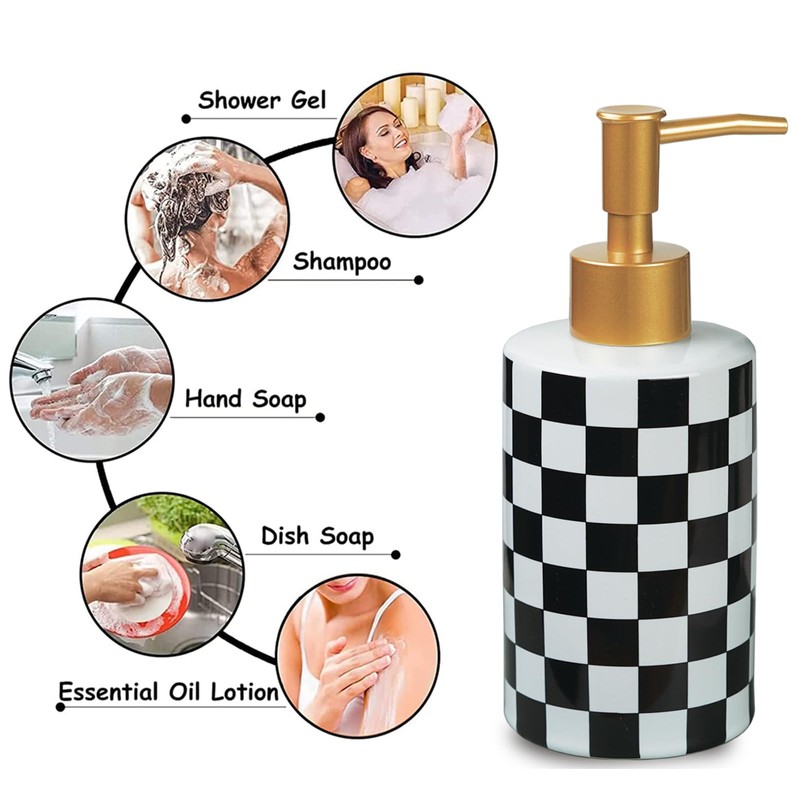 Checkered Ceramic Soap Dispenser White and Black,Liquid Lotion Dish Hand