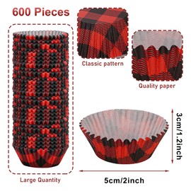 Whaline 600Pcs Christmas Cupcake Liners Buffalo Plaids Cupcake Wrappers Red Green Black Checked Xmas Muffin Liners Holiday Paper Cake Baking Cups for Christmas Party Home Kitchen Supplies