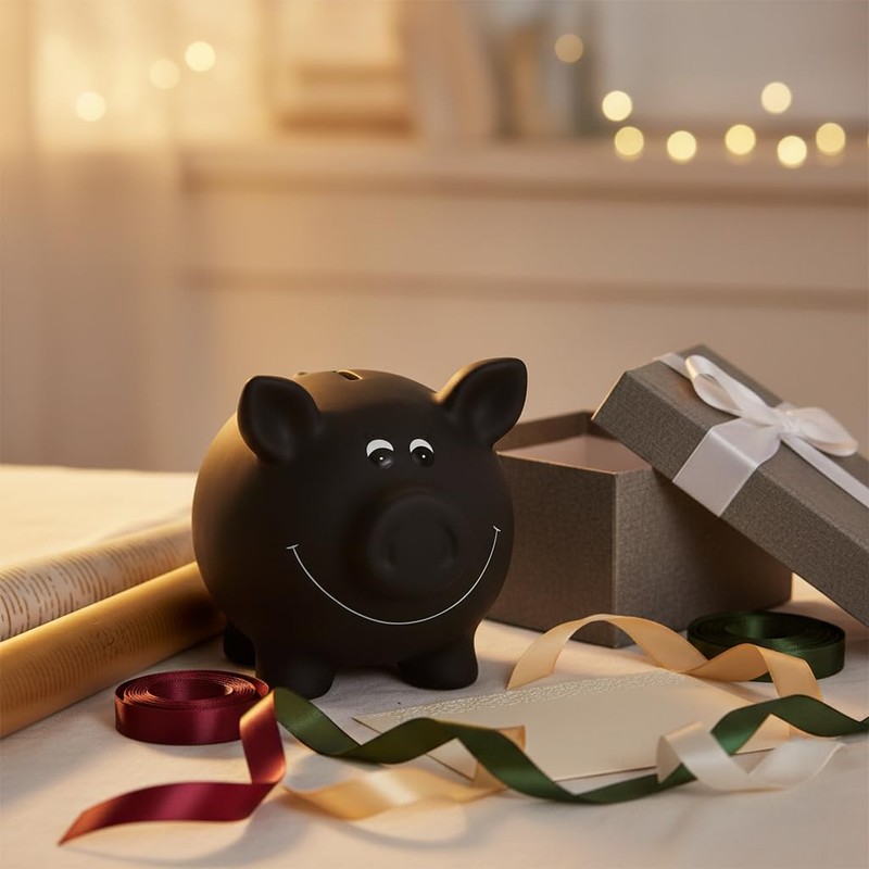 1 x ceramic piggy bank, black, blackboard varnish for labelling,