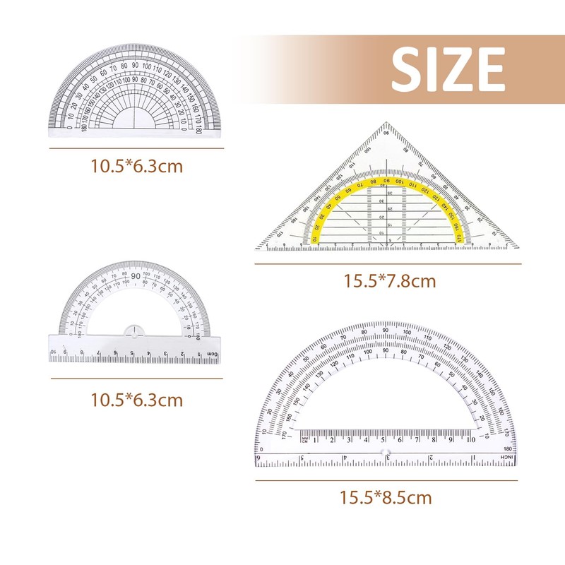 3 Pieces Transparent Protractors and 1 Piece Triangle Ruler, Plastic