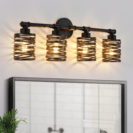 Bsyormak Modern Bathroom Vanity Lights, 4 Light Black Metal Cage Wall Sconce Lighting, Industrial Bathroom Lights Over Mirror, Farmhouse Wall Light Fixture for Cabinet Bedroom Living Room Hallway