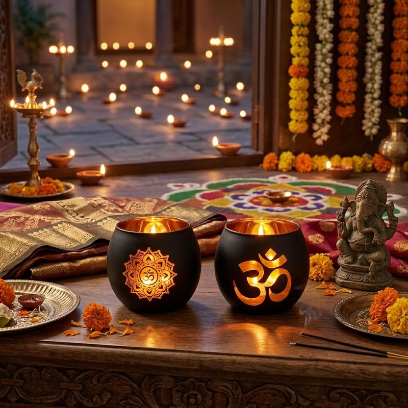 Glass Om Candle Holder Set - 2 Pcs Black Diwali