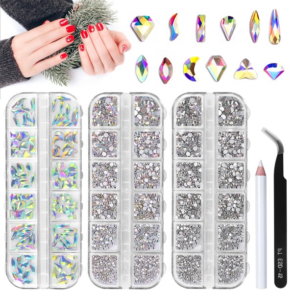 4520 Piece Rhinestone Nails Set, Multi-Shapes, Glitter Stones Nails, Many Sizes, Nail Stones for Nail Art, Clothing, DIY Crafts, with Pick Up Pen + Tweezers