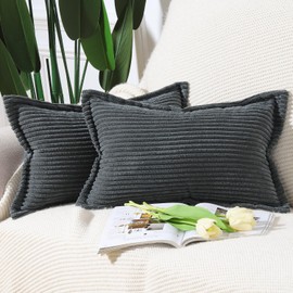 Madizz Dark Grey Corduroy Cushion Covers with Fringe Edge 12x20 inch, 30x50 cm, Set of 2 Soft Boho Striped Pillow Covers Broadside Decorative Textured Throw Pillows for Sofa Bedroom Pillow Shell