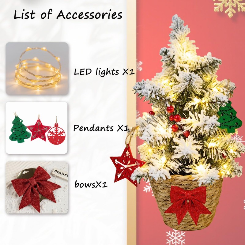 24 Inch 2 FT Pre-lit Snowy Mini Christmas Tree, Brelixo